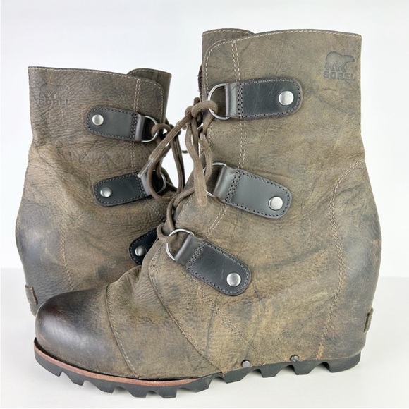 Sorel Shoes - Sorel Joan of Arctic Wedge Dark Brown Distressed Leather Lace Up Waterproof Boot